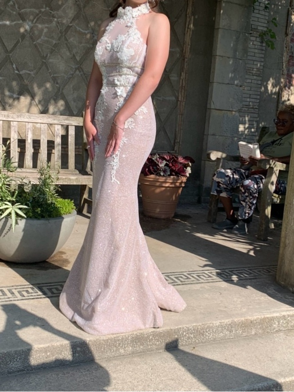 Sleeveless Lace Appliqué Mermaid Evening Dress in Blush